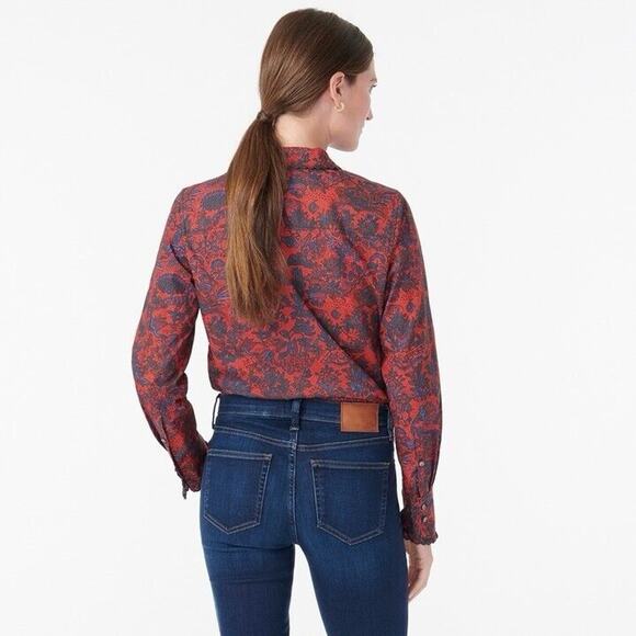 J. Crew Collection Scallop Ruffle Perfect Shirt Poinsettia Paisley Slim Size 0 - Picture 3 of 10